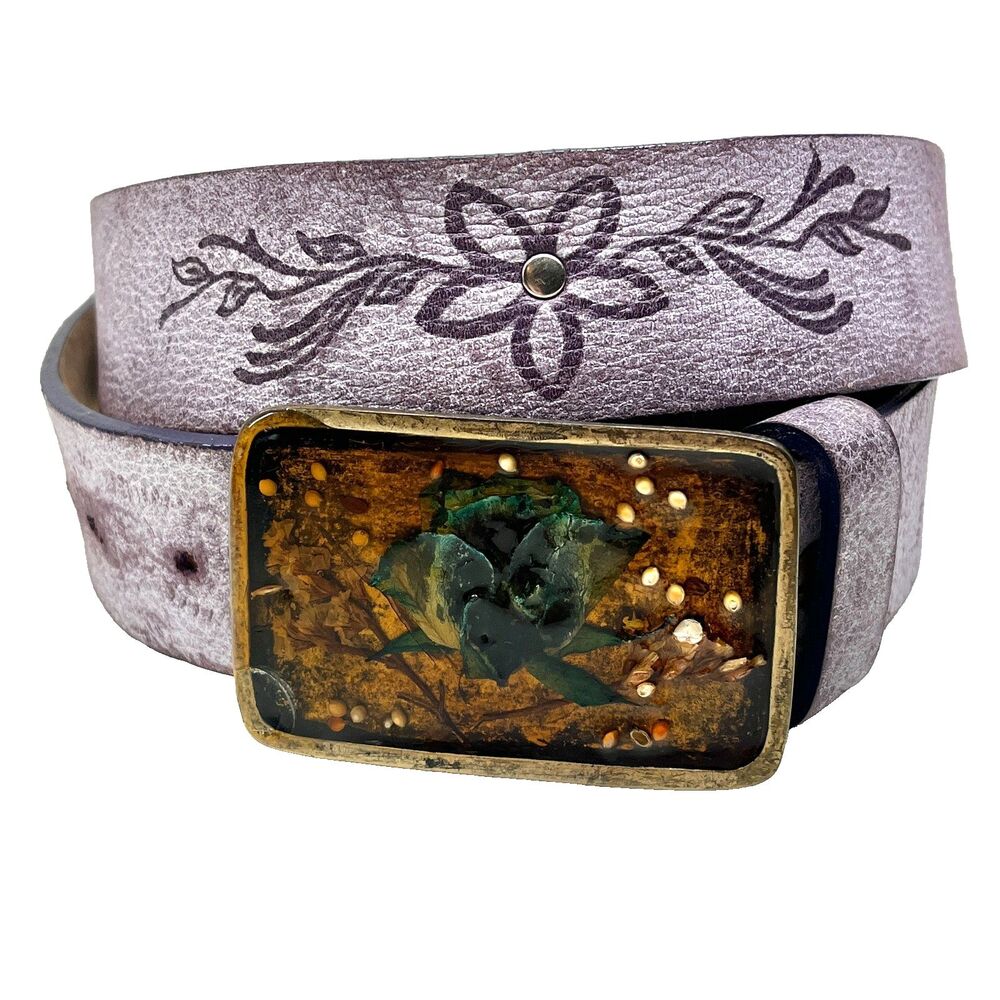 Vintage Artisan Lavender Faux Leather Belt Size L Pressed Flower Resin Buckle